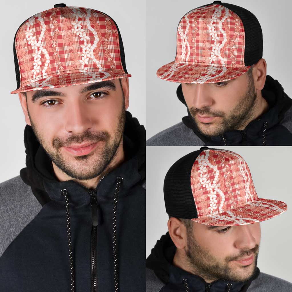 Hawaiian Ohia Lehua Lei Mesh Trucker Cap Plaid Palaka Ulaula Pattern - Polynesian Pride