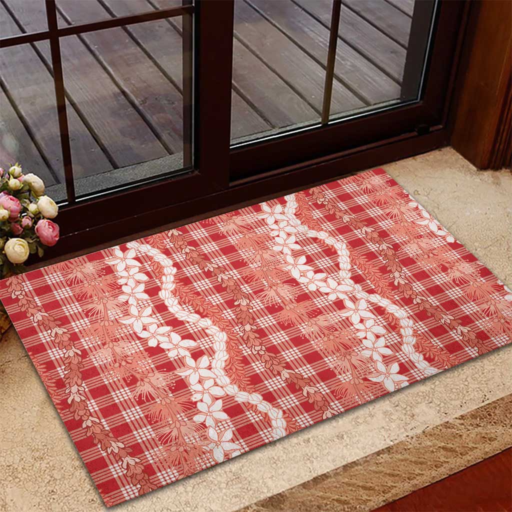 Hawaiian Ohia Lehua Lei Rubber Doormat Plaid Palaka Ulaula Pattern - Polynesian Pride