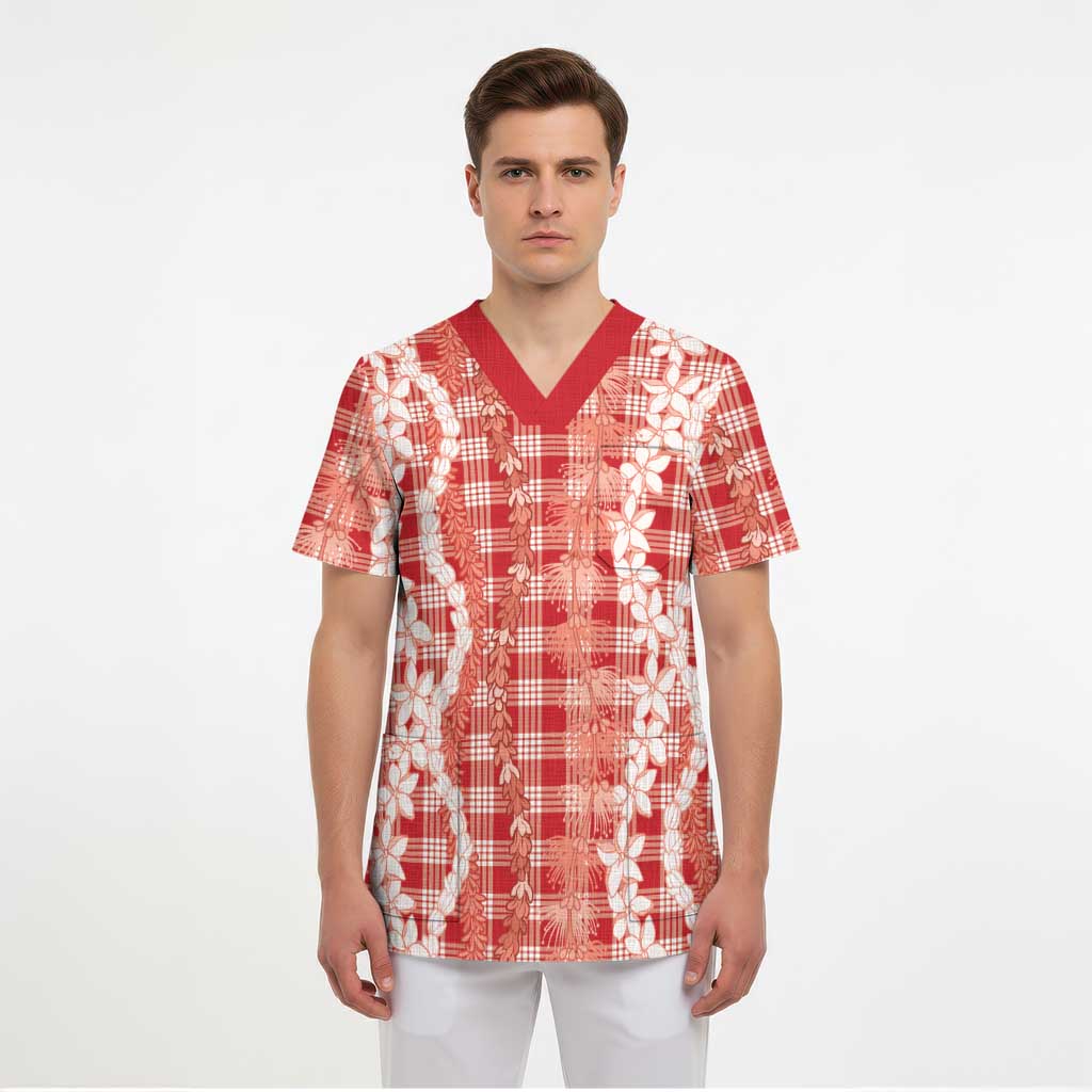 Hawaiian Ohia Lehua Lei Scrub Top Plaid Palaka Ulaula Pattern - Polynesian Pride