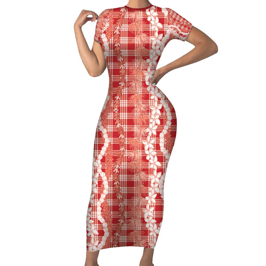 Hawaiian Ohia Lehua Lei Short Sleeve Bodycon Dress Plaid Palaka Ulaula Pattern - Polynesian Pride