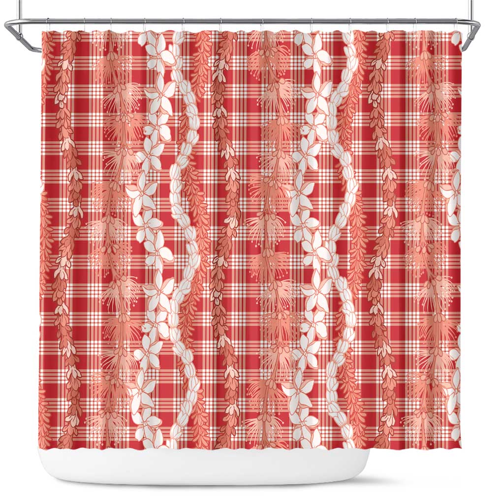 Hawaiian Ohia Lehua Lei Shower Curtain Plaid Palaka Ulaula Pattern - Polynesian Pride