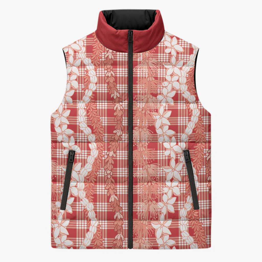 Hawaiian Ohia Lehua Lei Sleeveless Puffer Jacket Plaid Palaka Ulaula Pattern - Polynesian Pride