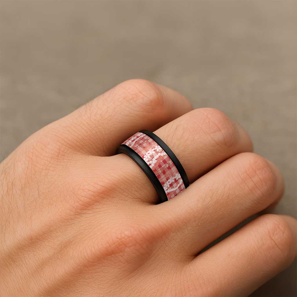 Hawaiian Ohia Lehua Lei Spinner Ring Plaid Palaka Ulaula Pattern - Polynesian Pride