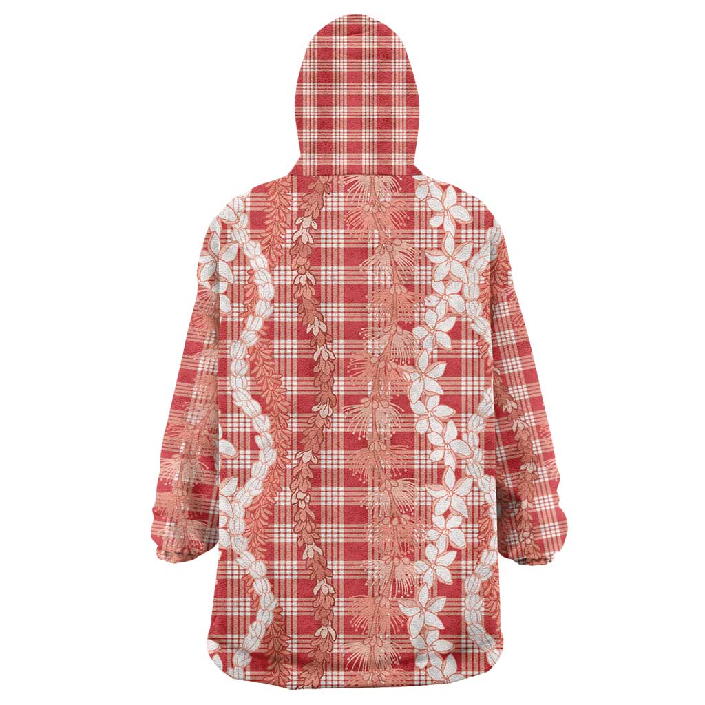 Hawaiian Ohia Lehua Lei Wearable Blanket Hoodie Plaid Palaka Ulaula Pattern - Polynesian Pride