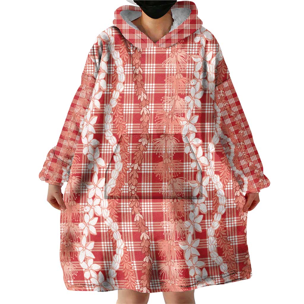 Hawaiian Ohia Lehua Lei Wearable Blanket Hoodie Plaid Palaka Ulaula Pattern - Polynesian Pride