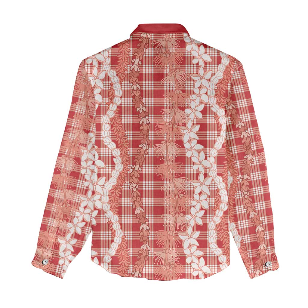 Hawaiian Ohia Lehua Lei Women Casual Shirt Plaid Palaka Ulaula Pattern - Polynesian Pride