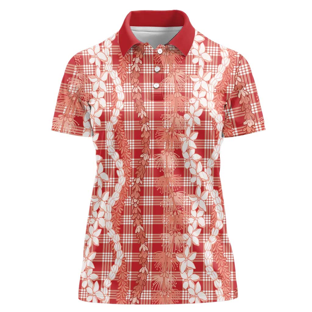 Hawaiian Ohia Lehua Lei Women Polo Shirt Plaid Palaka Ulaula Pattern - Polynesian Pride
