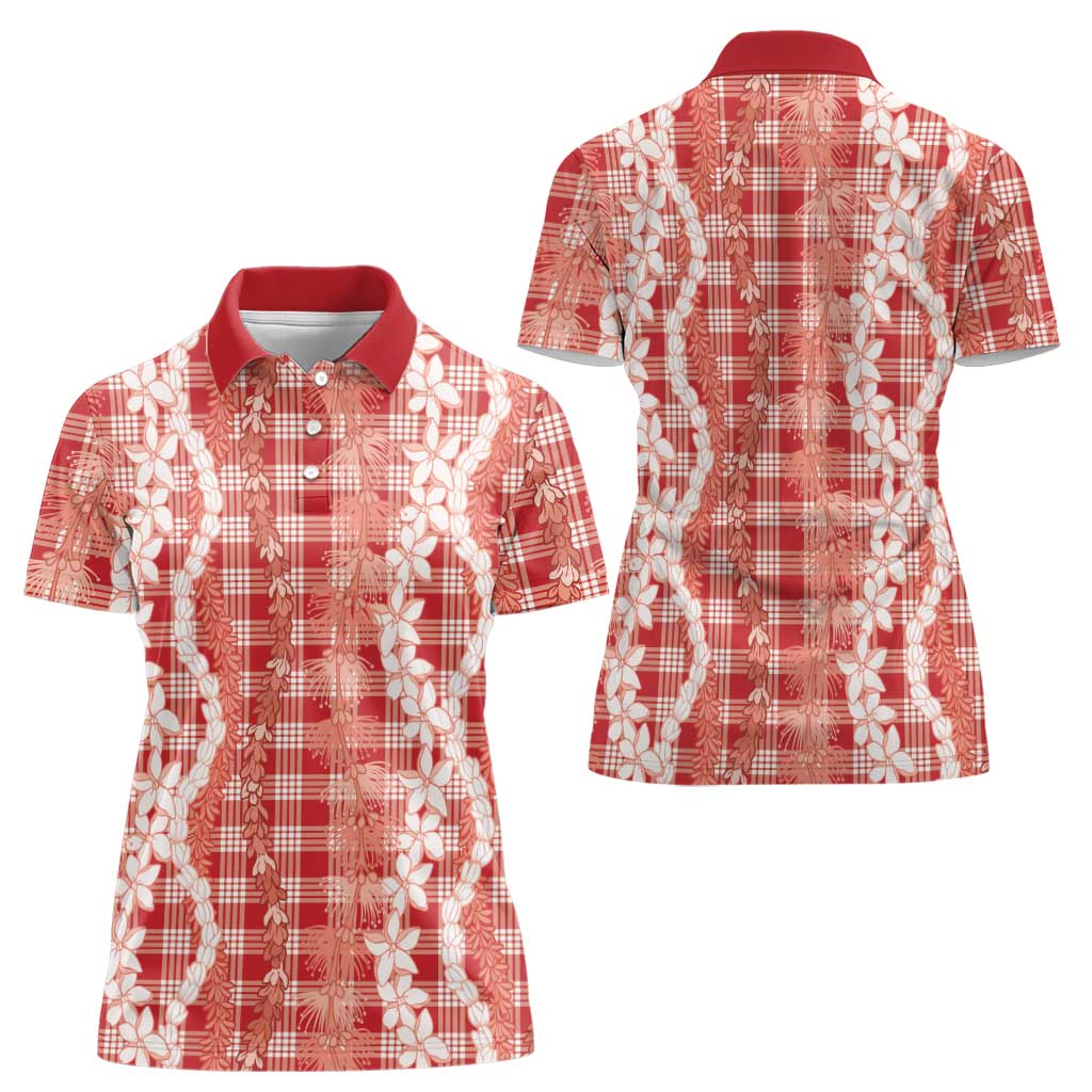 Hawaiian Ohia Lehua Lei Women Polo Shirt Plaid Palaka Ulaula Pattern - Polynesian Pride