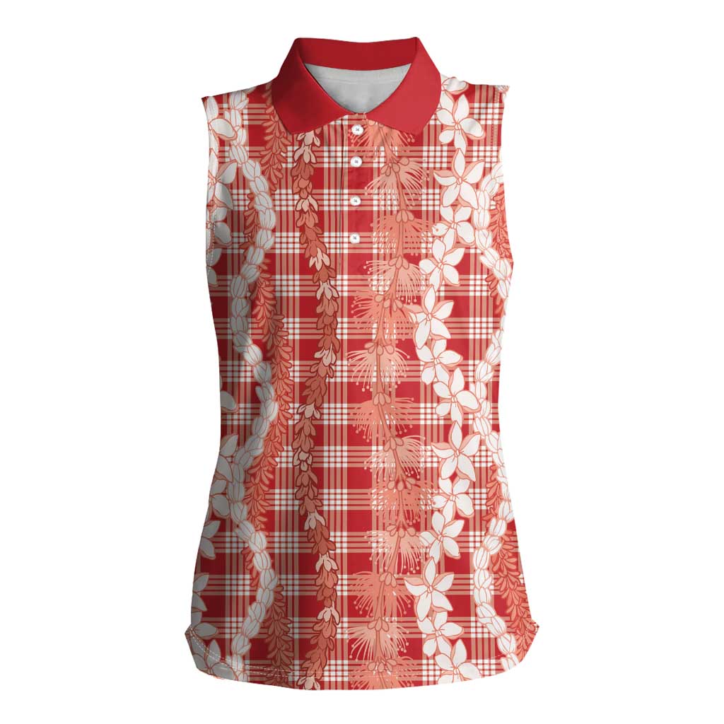 Hawaiian Ohia Lehua Lei Women Sleeveless Polo Shirt Plaid Palaka Ulaula Pattern - Polynesian Pride