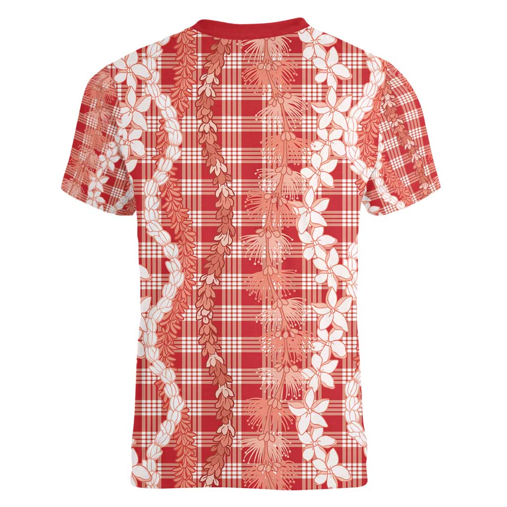Hawaiian Ohia Lehua Lei Women V-Neck T-Shirt Plaid Palaka Ulaula Pattern - Polynesian Pride
