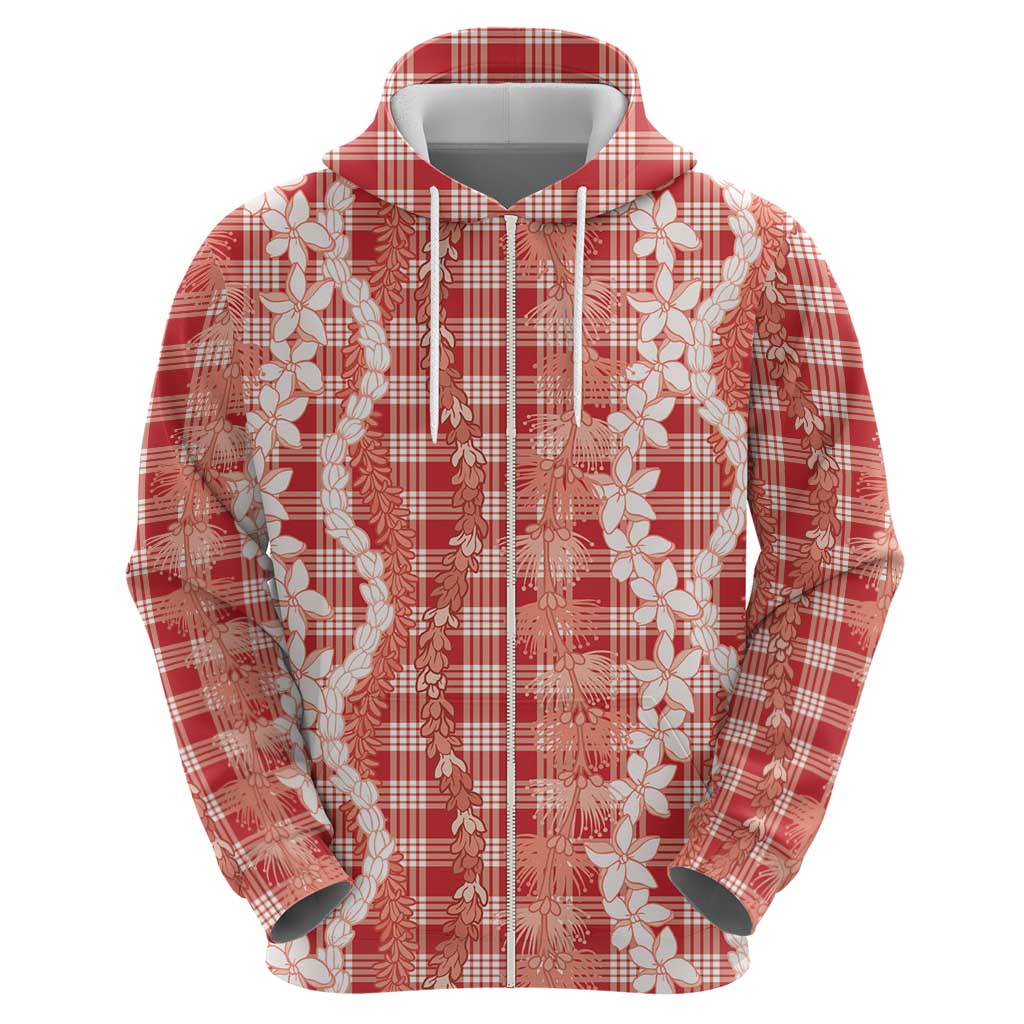 Hawaiian Ohia Lehua Lei Zip Hoodie Plaid Palaka Ulaula Pattern - Polynesian Pride