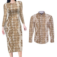Hawaiian Ohia Lehua Lei Couples Matching Long Sleeve Bodycon Dress and Long Sleeve Button Shirt Plaid Palaka Kalaihaahaa Pattern - Polynesian Pride
