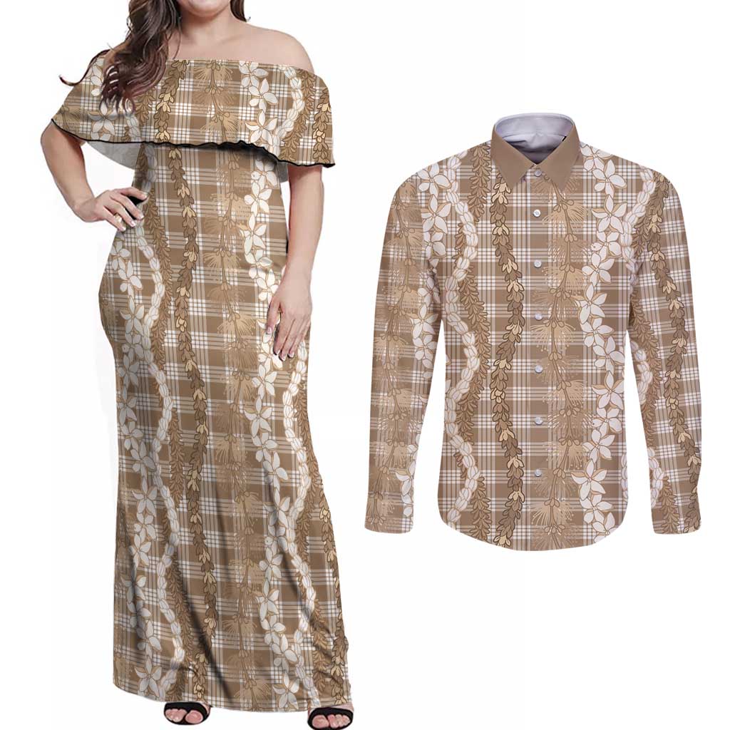 Hawaiian Ohia Lehua Lei Couples Matching Off Shoulder Maxi Dress and Long Sleeve Button Shirt Plaid Palaka Kalaihaahaa Pattern - Polynesian Pride
