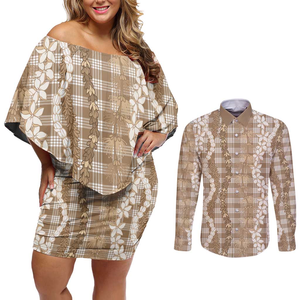 Hawaiian Ohia Lehua Lei Couples Matching Off Shoulder Short Dress and Long Sleeve Button Shirt Plaid Palaka Kalaihaahaa Pattern - Polynesian Pride