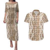 Hawaiian Ohia Lehua Lei Couples Matching Puletasi and Hawaiian Shirt Plaid Palaka Kalaihaahaa Pattern - Polynesian Pride