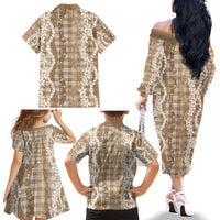 Hawaiian Ohia Lehua Lei Family Matching Off The Shoulder Long Sleeve Dress and Hawaiian Shirt Plaid Palaka Kalaihaahaa Pattern - Polynesian Pride