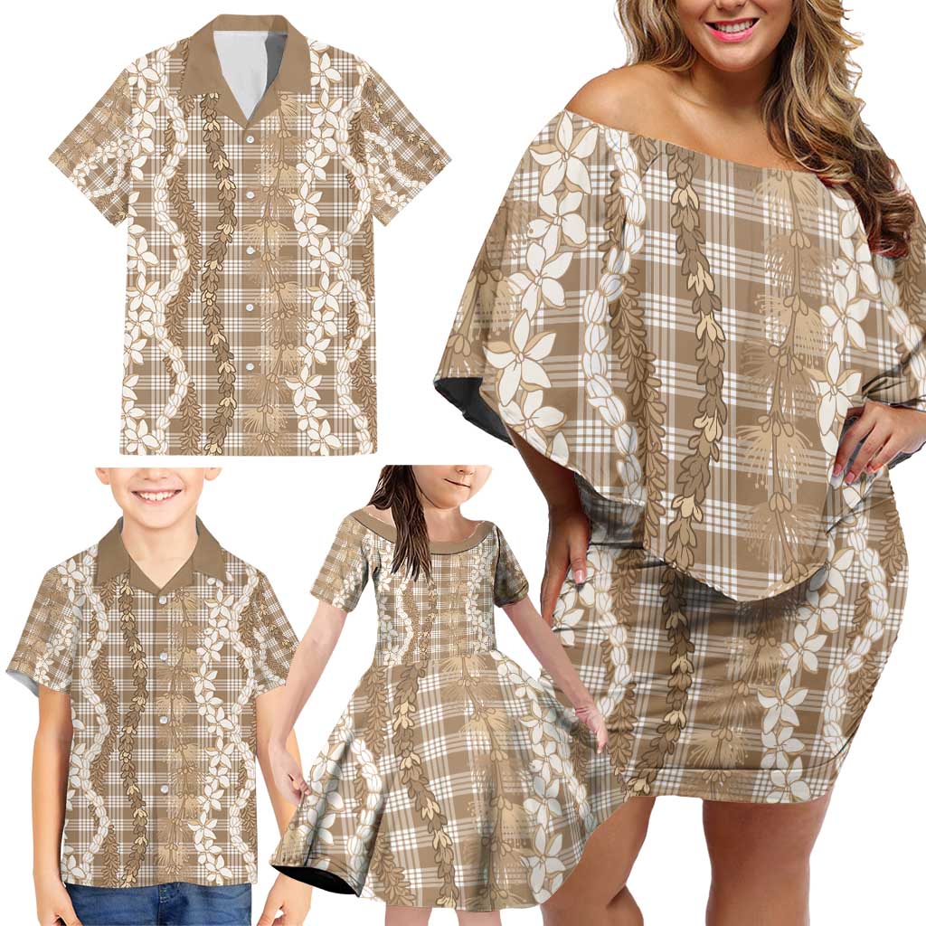 Hawaiian Ohia Lehua Lei Family Matching Off Shoulder Short Dress and Hawaiian Shirt Plaid Palaka Kalaihaahaa Pattern - Polynesian Pride