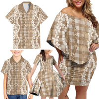 Hawaiian Ohia Lehua Lei Family Matching Off Shoulder Short Dress and Hawaiian Shirt Plaid Palaka Kalaihaahaa Pattern - Polynesian Pride