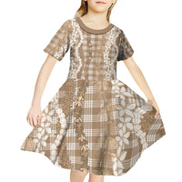 Hawaiian Ohia Lehua Lei Kid Short Sleeve Dress Plaid Palaka Kalaihaahaa Pattern - Polynesian Pride