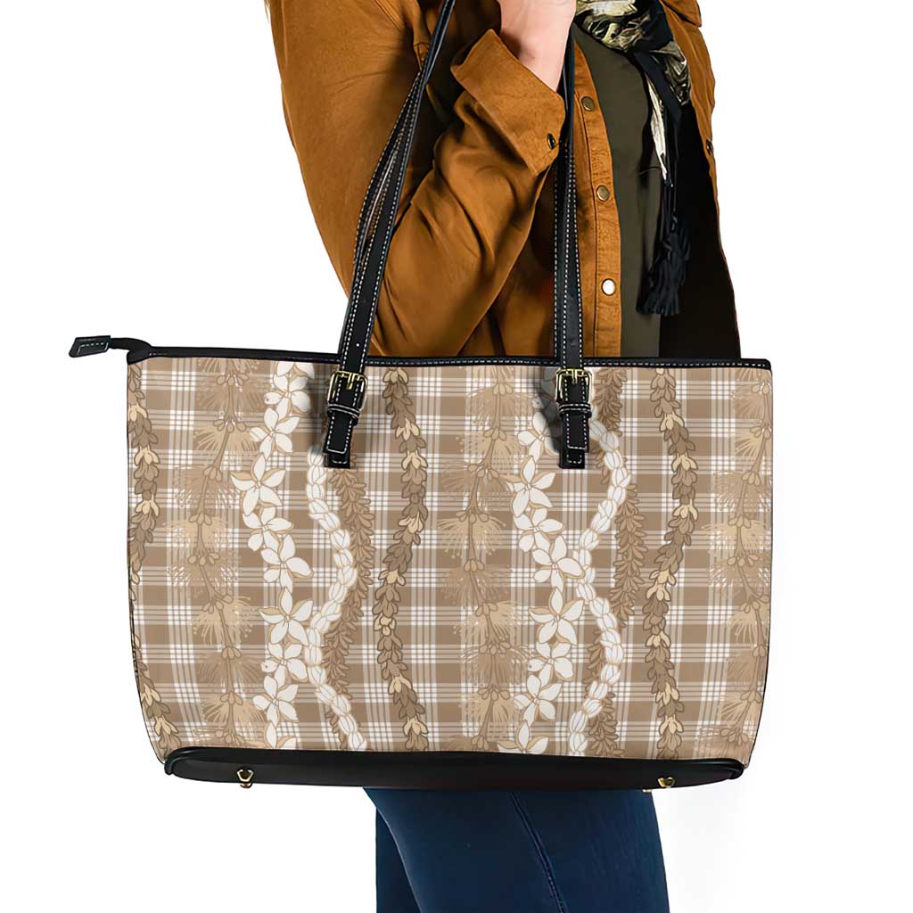 Hawaiian Ohia Lehua Lei Leather Tote Bag Plaid Palaka Kalaihaahaa Pattern - Polynesian Pride