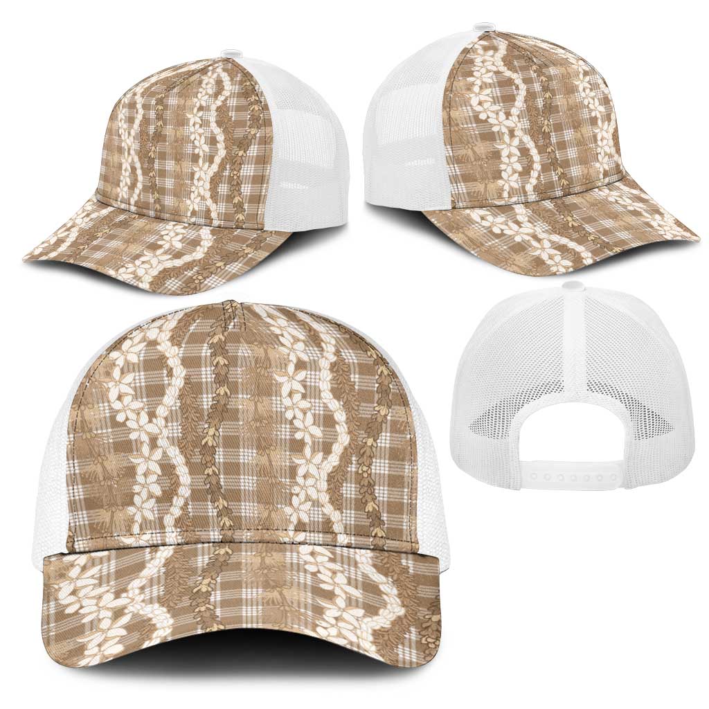Hawaiian Ohia Lehua Lei Mesh Trucker Cap Plaid Palaka Kalaihaahaa Pattern - Polynesian Pride