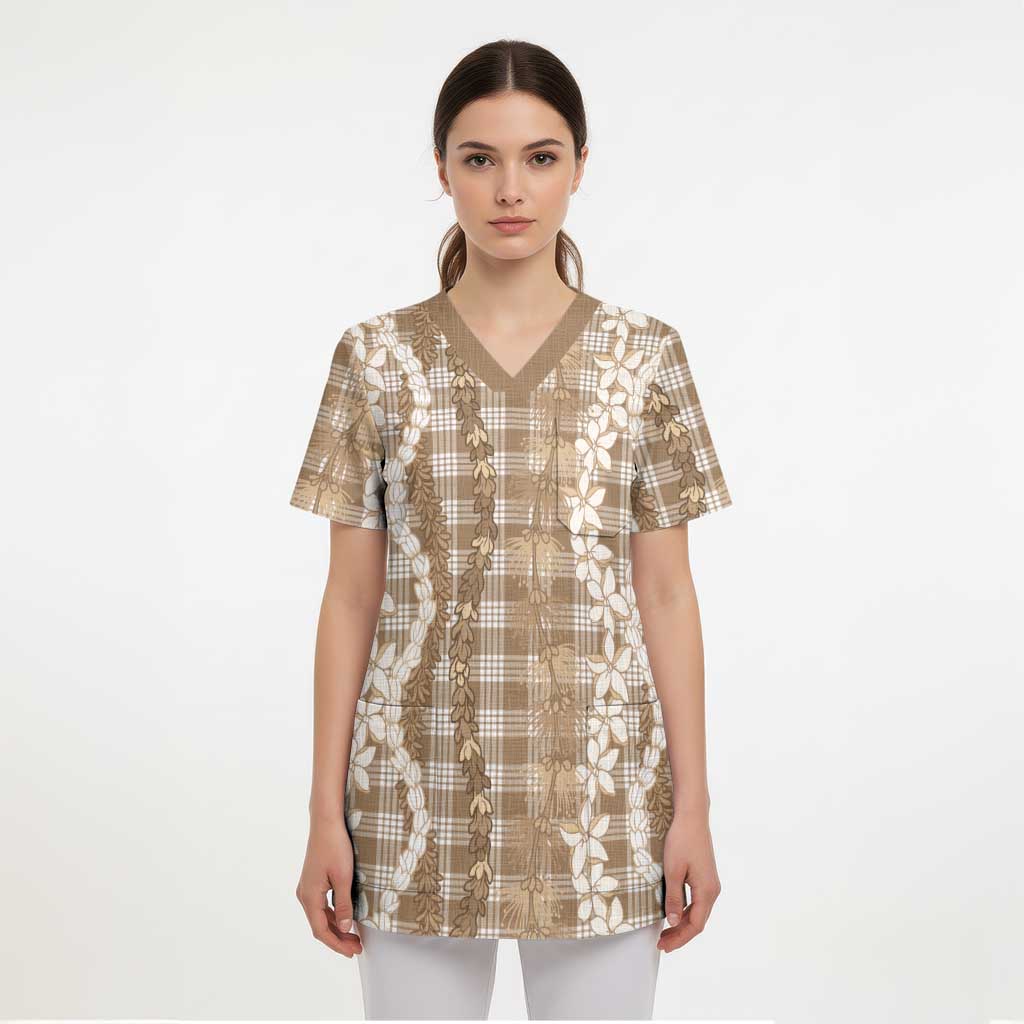 Hawaiian Ohia Lehua Lei Scrub Top Plaid Palaka Kalaihaahaa Pattern - Polynesian Pride
