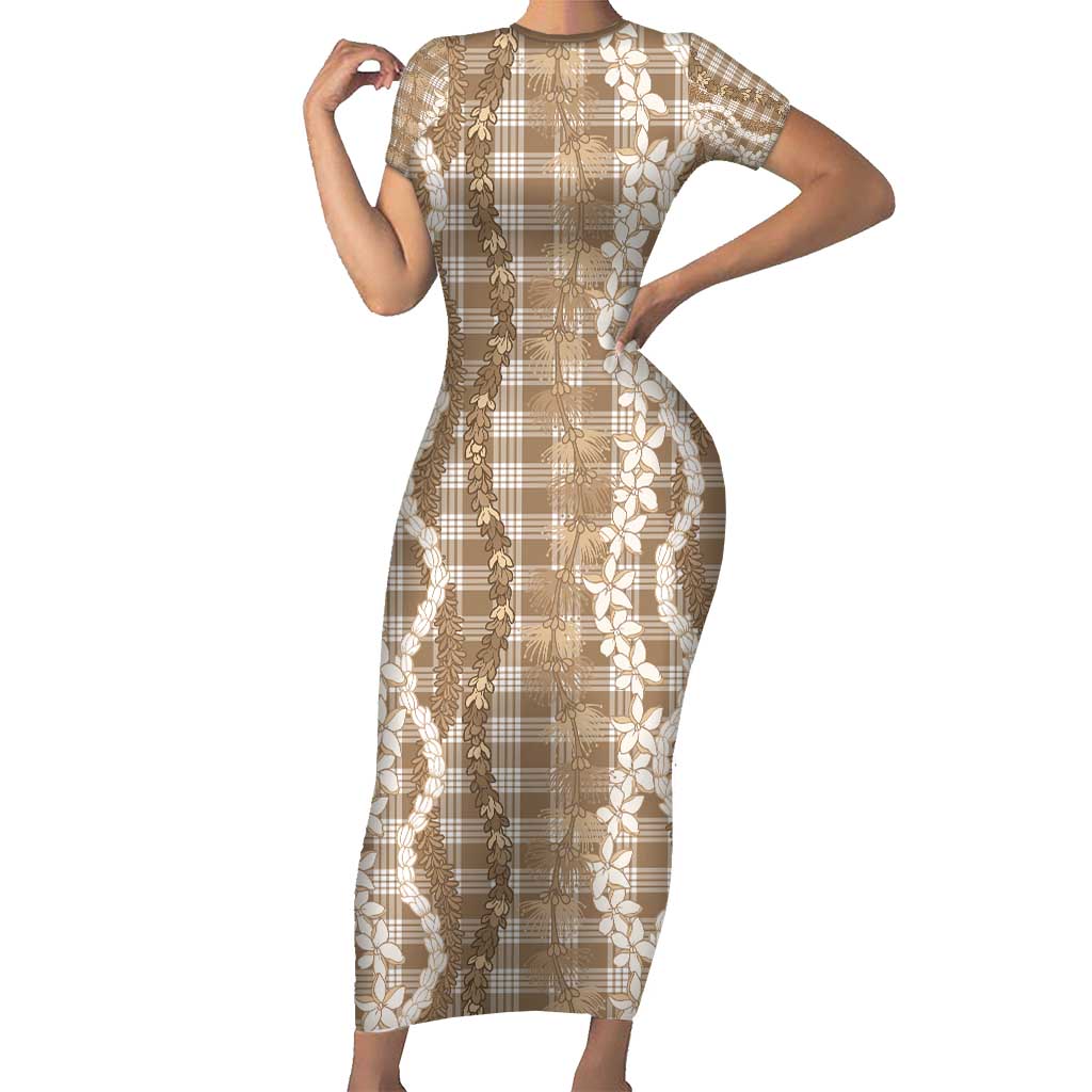 Hawaiian Ohia Lehua Lei Short Sleeve Bodycon Dress Plaid Palaka Kalaihaahaa Pattern - Polynesian Pride