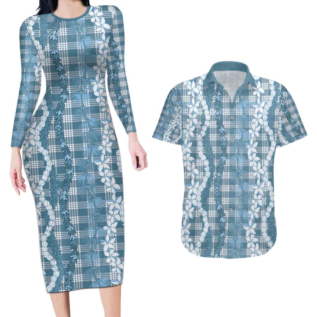 Hawaiian Ohia Lehua Lei Couples Matching Long Sleeve Bodycon Dress and Hawaiian Shirt Plaid Palaka Uliuli Omaomao Pattern - Polynesian Pride