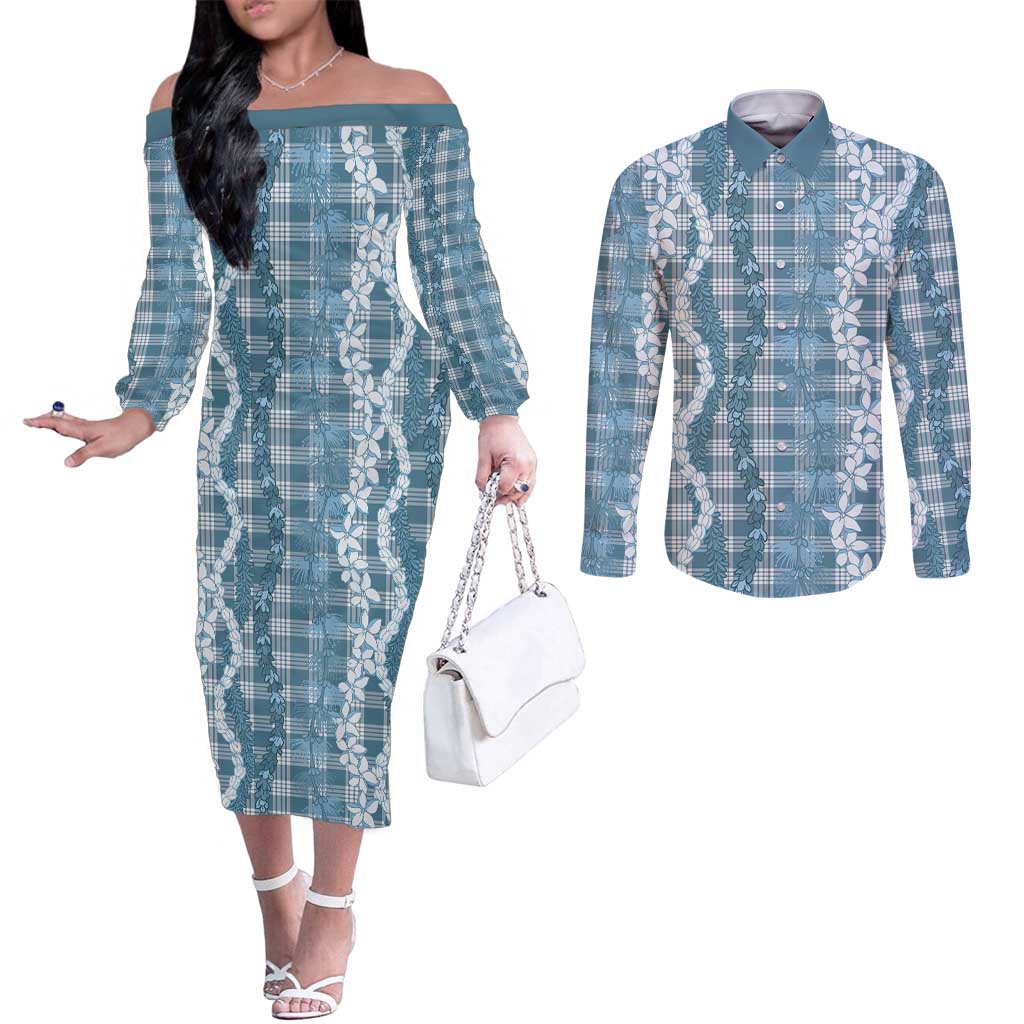 Hawaiian Ohia Lehua Lei Couples Matching Off The Shoulder Long Sleeve Dress and Long Sleeve Button Shirt Plaid Palaka Uliuli Omaomao Pattern - Polynesian Pride