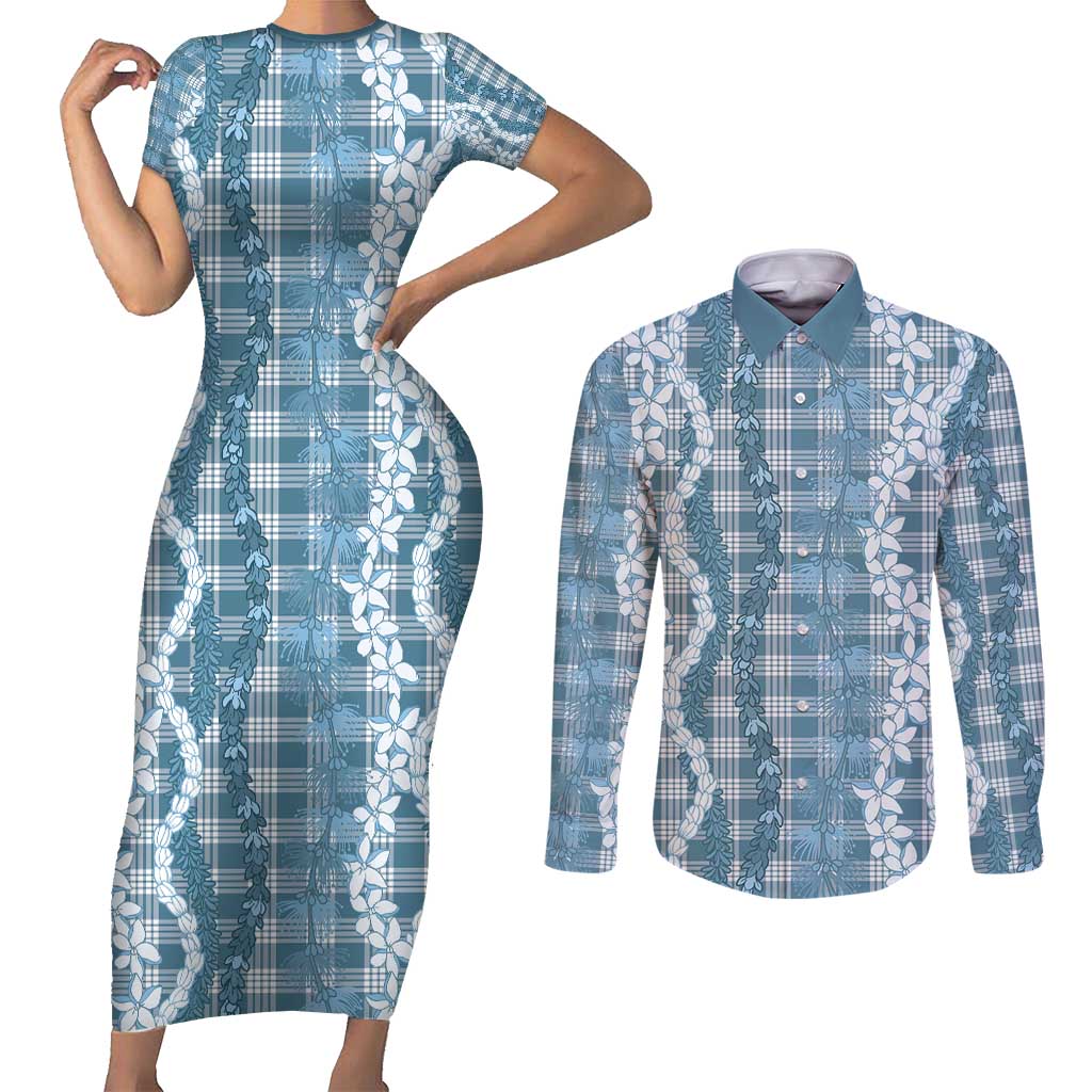 Hawaiian Ohia Lehua Lei Couples Matching Short Sleeve Bodycon Dress and Long Sleeve Button Shirt Plaid Palaka Uliuli Omaomao Pattern - Polynesian Pride