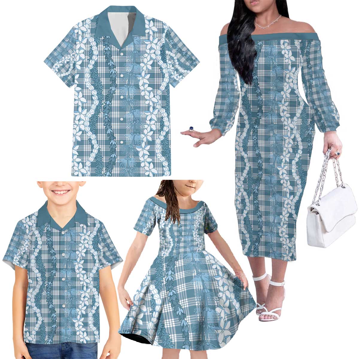Hawaiian Ohia Lehua Lei Family Matching Off The Shoulder Long Sleeve Dress and Hawaiian Shirt Plaid Palaka Uliuli Omaomao Pattern - Polynesian Pride