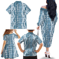 Hawaiian Ohia Lehua Lei Family Matching Off The Shoulder Long Sleeve Dress and Hawaiian Shirt Plaid Palaka Uliuli Omaomao Pattern - Polynesian Pride