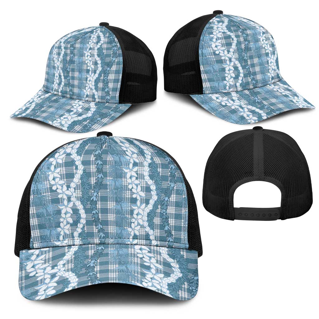 Hawaiian Ohia Lehua Lei Mesh Trucker Cap Plaid Palaka Uliuli Omaomao Pattern - Polynesian Pride