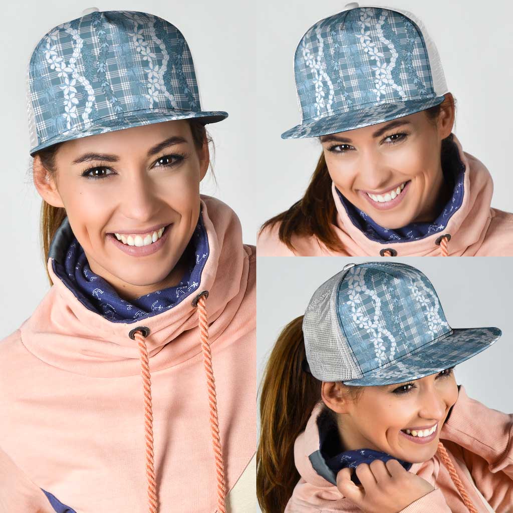 Hawaiian Ohia Lehua Lei Mesh Trucker Cap Plaid Palaka Uliuli Omaomao Pattern - Polynesian Pride