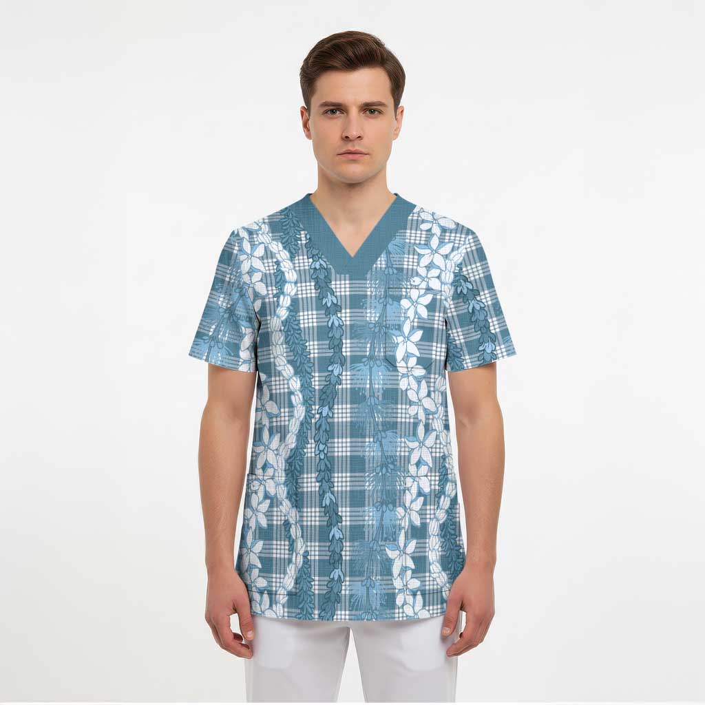 Hawaiian Ohia Lehua Lei Scrub Top Plaid Palaka Uliuli Omaomao Pattern - Polynesian Pride