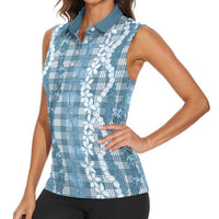 Hawaiian Ohia Lehua Lei Women Sleeveless Polo Shirt Plaid Palaka Uliuli Omaomao Pattern - Polynesian Pride