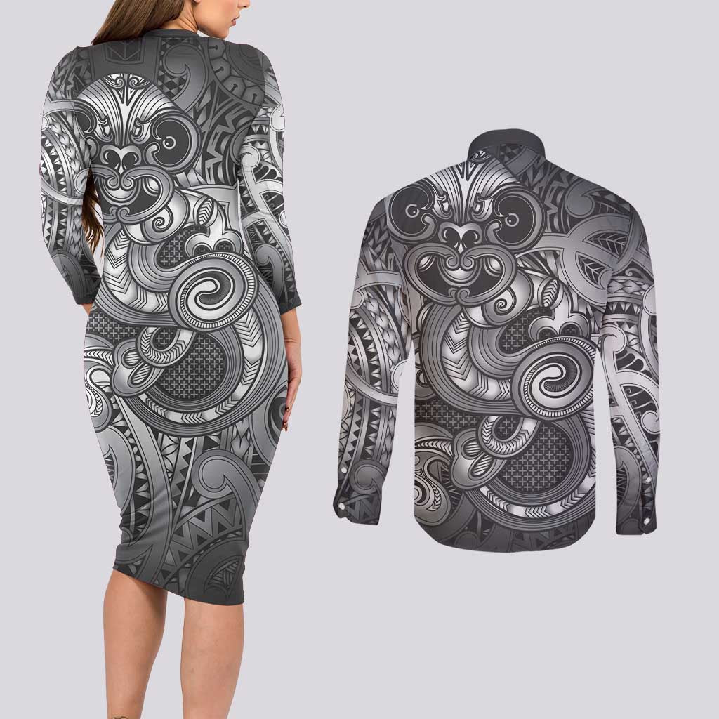 Aotearoa Maori Hei Tiki Couples Matching Long Sleeve Bodycon Dress and Long Sleeve Button Shirt Kiwikiwi Kowhaiwhai Puhoro Motif