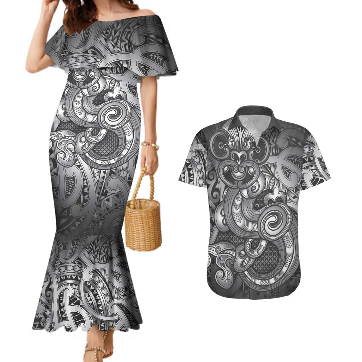Aotearoa Maori Hei Tiki Couples Matching Mermaid Dress and Hawaiian Shirt Kiwikiwi Kowhaiwhai Puhoro Motif LT9 Grey - Polynesian Pride
