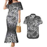 Aotearoa Maori Hei Tiki Couples Matching Mermaid Dress and Hawaiian Shirt Kiwikiwi Kowhaiwhai Puhoro Motif LT9 Grey - Polynesian Pride