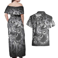 Aotearoa Maori Hei Tiki Couples Matching Off Shoulder Maxi Dress and Hawaiian Shirt Kiwikiwi Kowhaiwhai Puhoro Motif