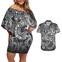 Aotearoa Maori Hei Tiki Couples Matching Off Shoulder Short Dress and Hawaiian Shirt Kiwikiwi Kowhaiwhai Puhoro Motif