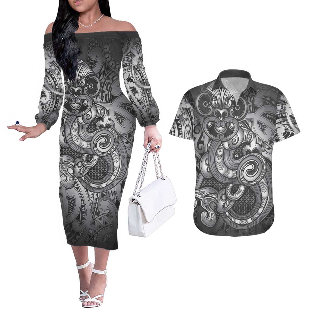 Aotearoa Maori Hei Tiki Couples Matching Off The Shoulder Long Sleeve Dress and Hawaiian Shirt Kiwikiwi Kowhaiwhai Puhoro Motif