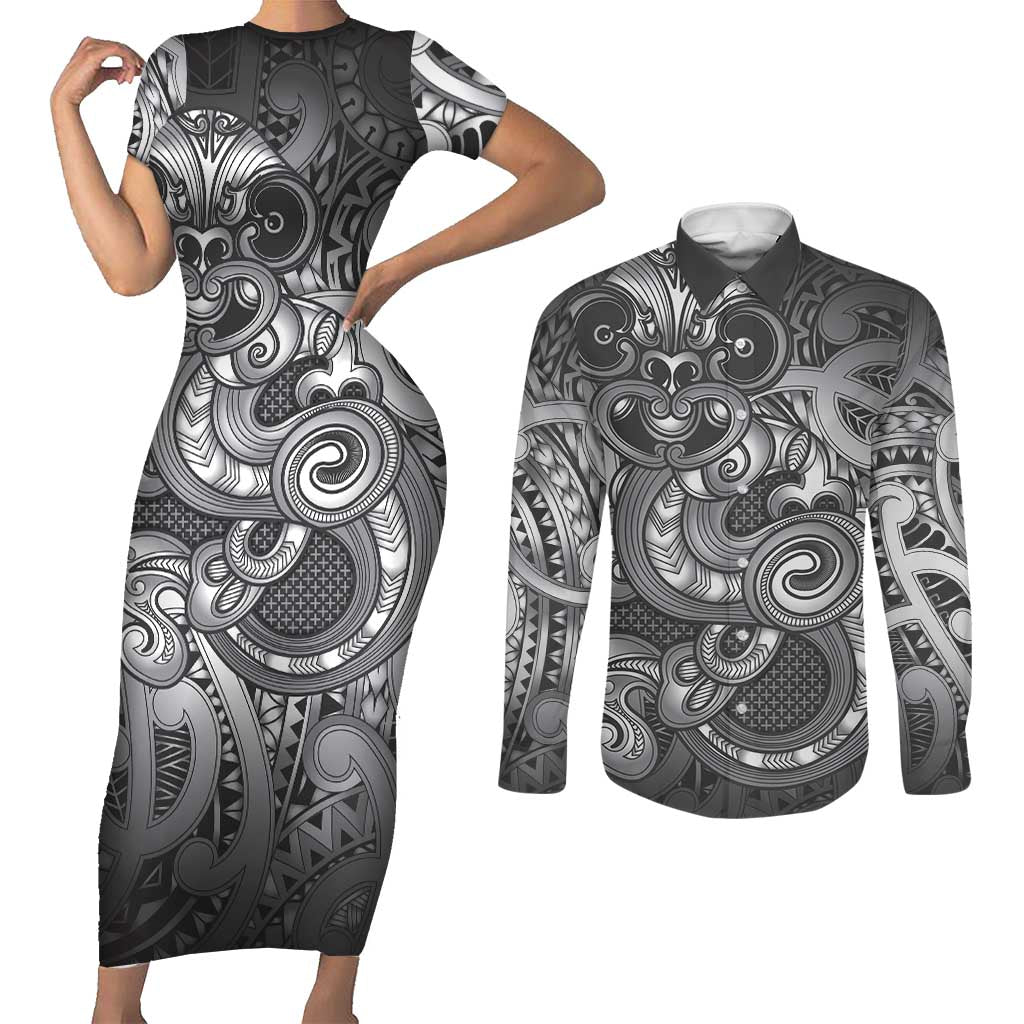Aotearoa Maori Hei Tiki Couples Matching Short Sleeve Bodycon Dress and Long Sleeve Button Shirt Kiwikiwi Kowhaiwhai Puhoro Motif