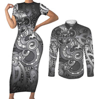 Aotearoa Maori Hei Tiki Couples Matching Short Sleeve Bodycon Dress and Long Sleeve Button Shirt Kiwikiwi Kowhaiwhai Puhoro Motif
