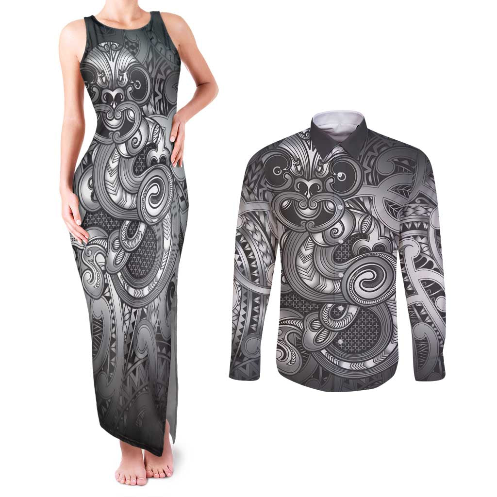 Aotearoa Maori Hei Tiki Couples Matching Tank Maxi Dress and Long Sleeve Button Shirt Kiwikiwi Kowhaiwhai Puhoro Motif