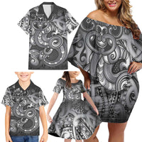Aotearoa Maori Hei Tiki Family Matching Off Shoulder Short Dress and Hawaiian Shirt Kiwikiwi Kowhaiwhai Puhoro Motif
