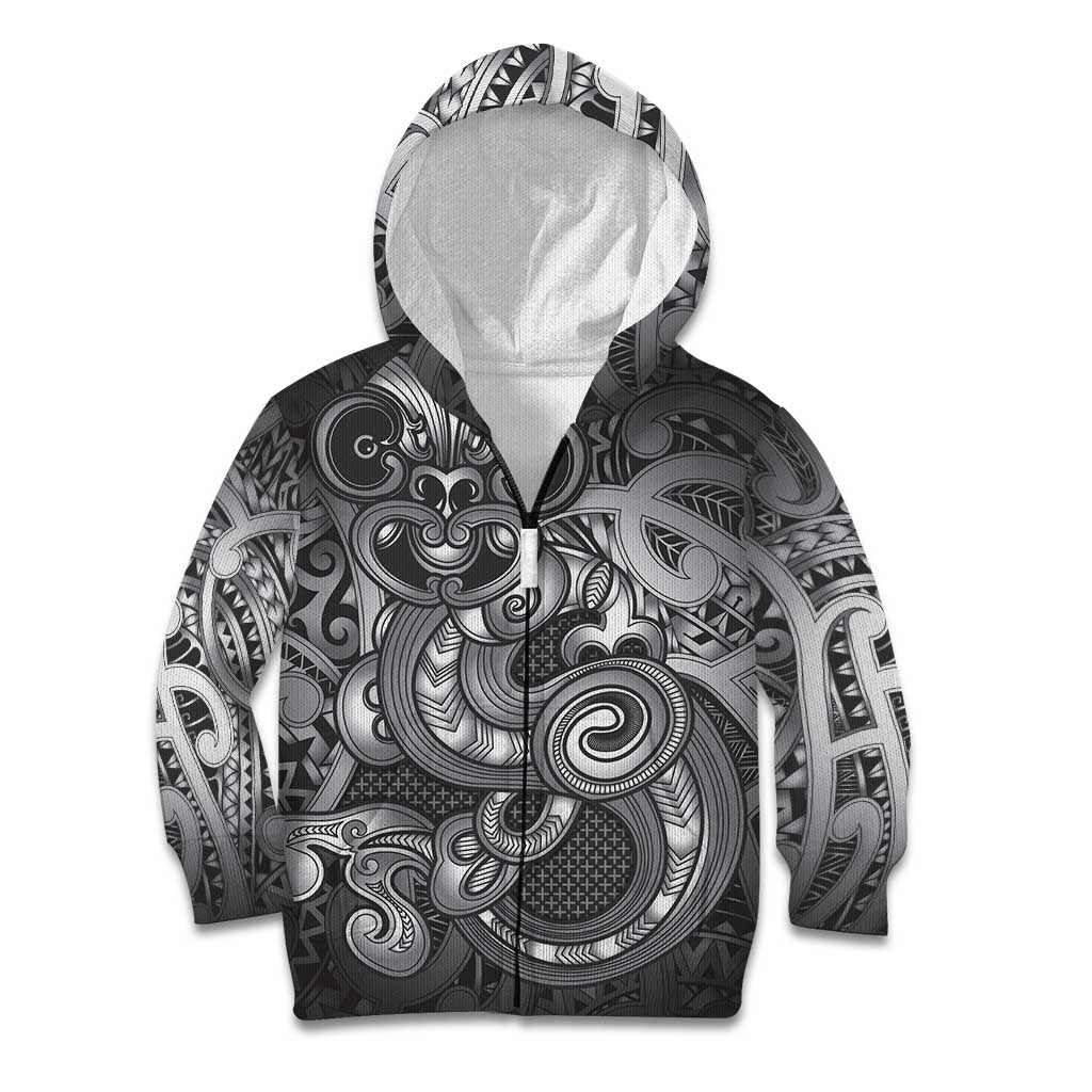 Aotearoa Maori Hei Tiki Kid Hoodie Kiwikiwi Kowhaiwhai Puhoro Motif LT9 Zip Hoodie Grey - Polynesian Pride
