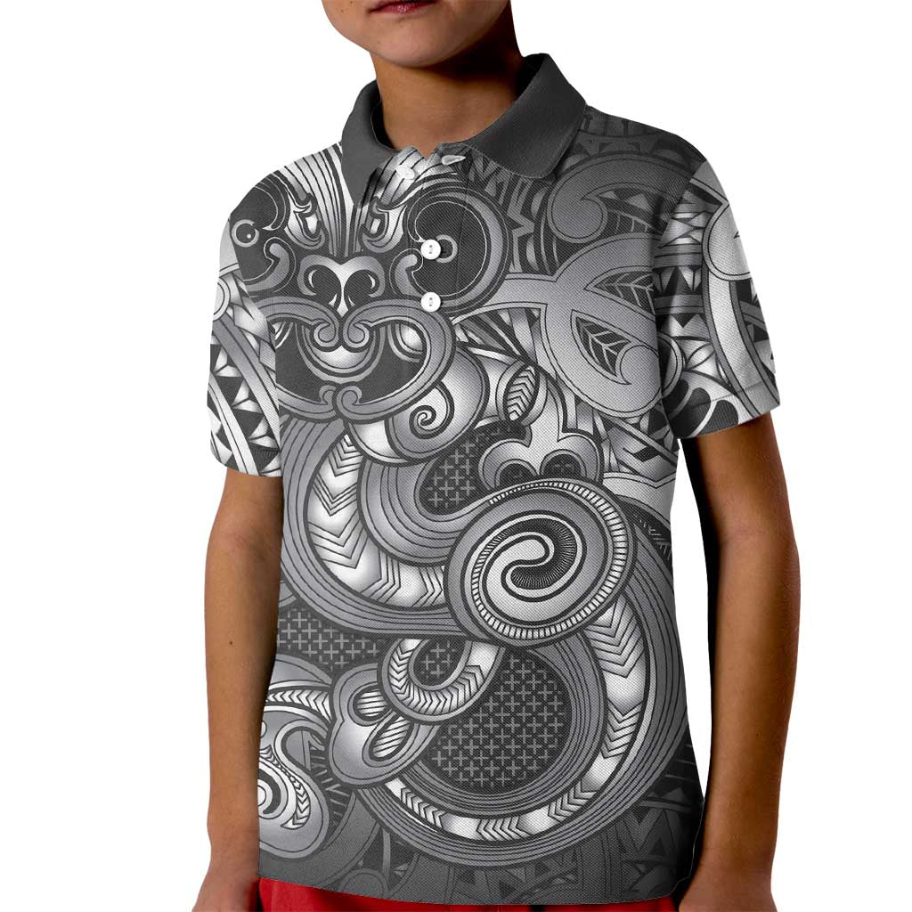Aotearoa Maori Hei Tiki Kid Polo Shirt Kiwikiwi Kowhaiwhai Puhoro Motif LT9 Kid Grey - Polynesian Pride