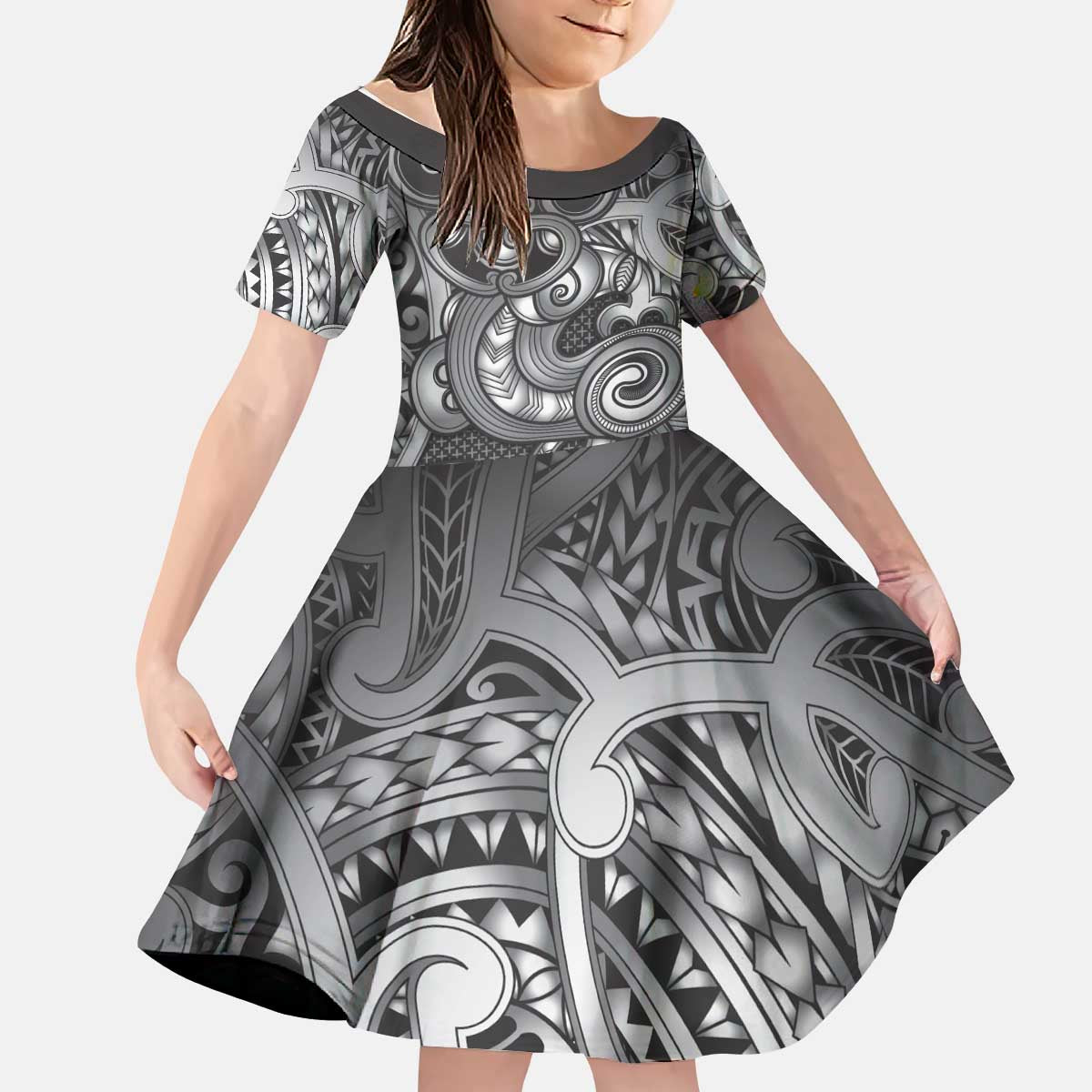 Aotearoa Maori Hei Tiki Kid Short Sleeve Dress Kiwikiwi Kowhaiwhai Puhoro Motif