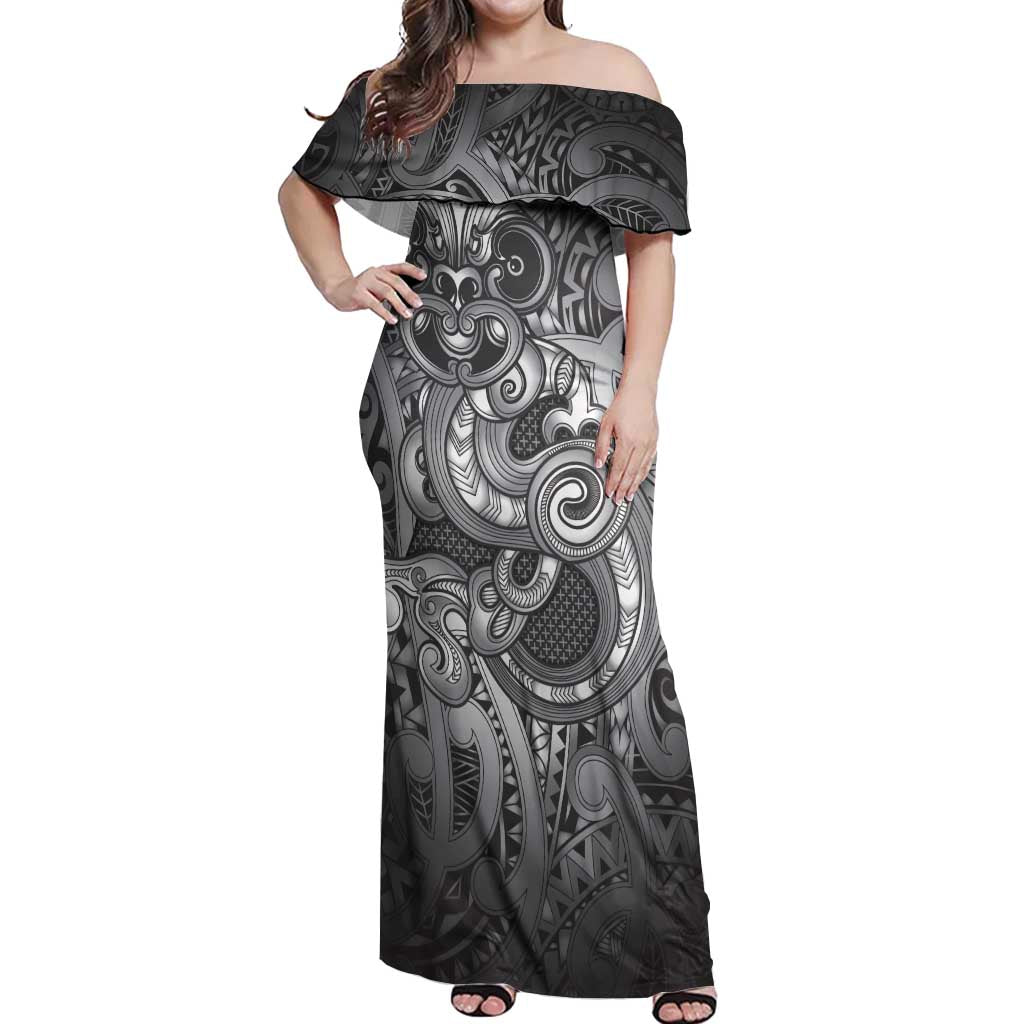 Aotearoa Maori Hei Tiki Off Shoulder Maxi Dress Kiwikiwi Kowhaiwhai Puhoro Motif LT9 Women Grey - Polynesian Pride